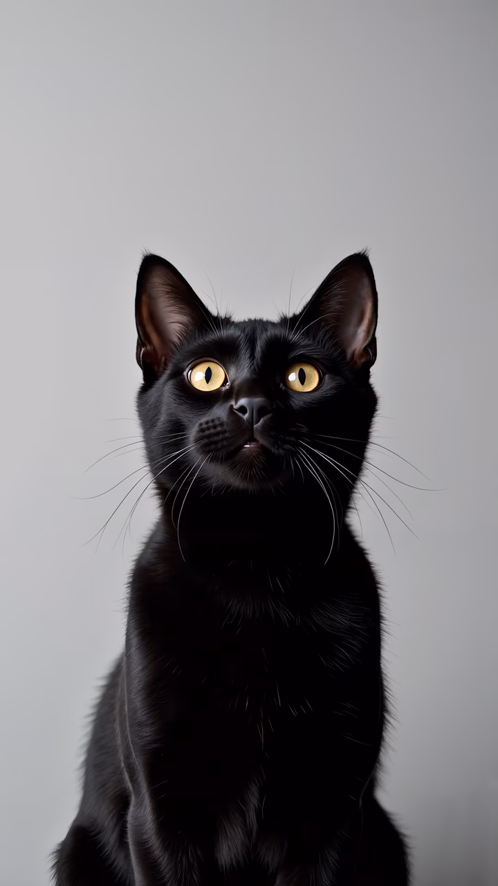 A black cat with glowing yellow eyes stares intently, set against a neutral gray backdrop.