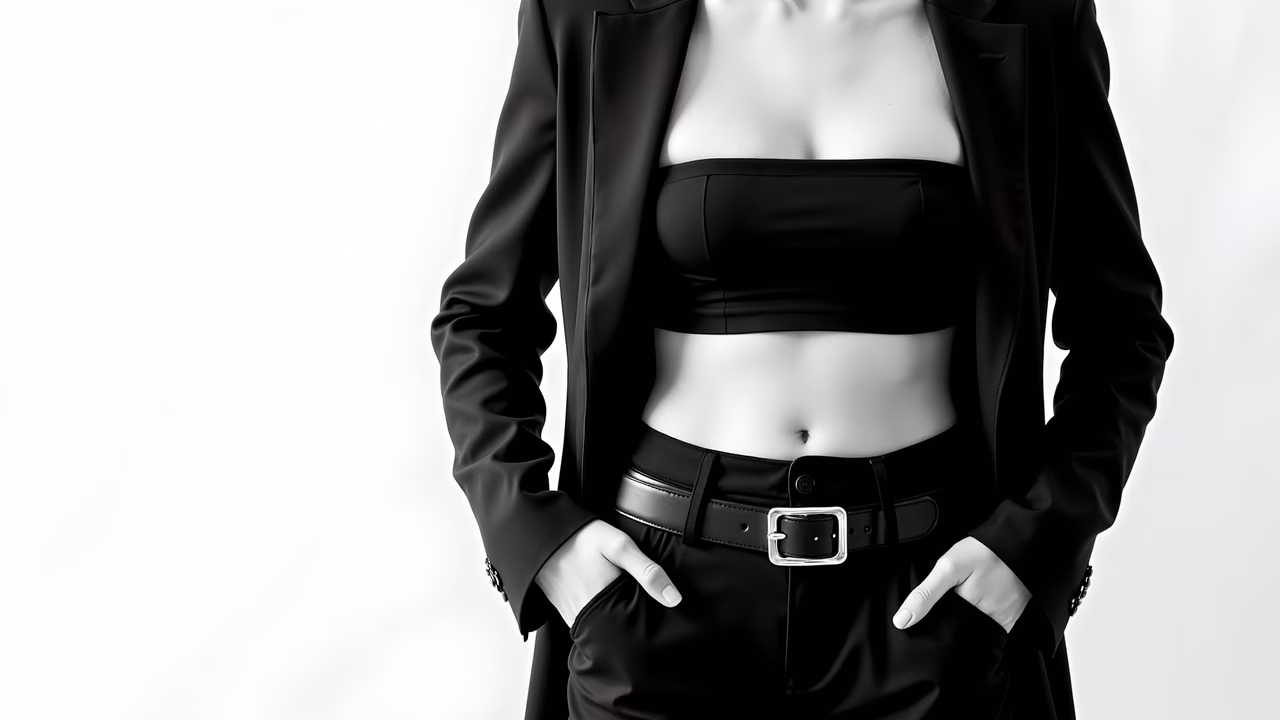 Minimalist black suit against a stark white backdrop, exuding elegance and sophistication.