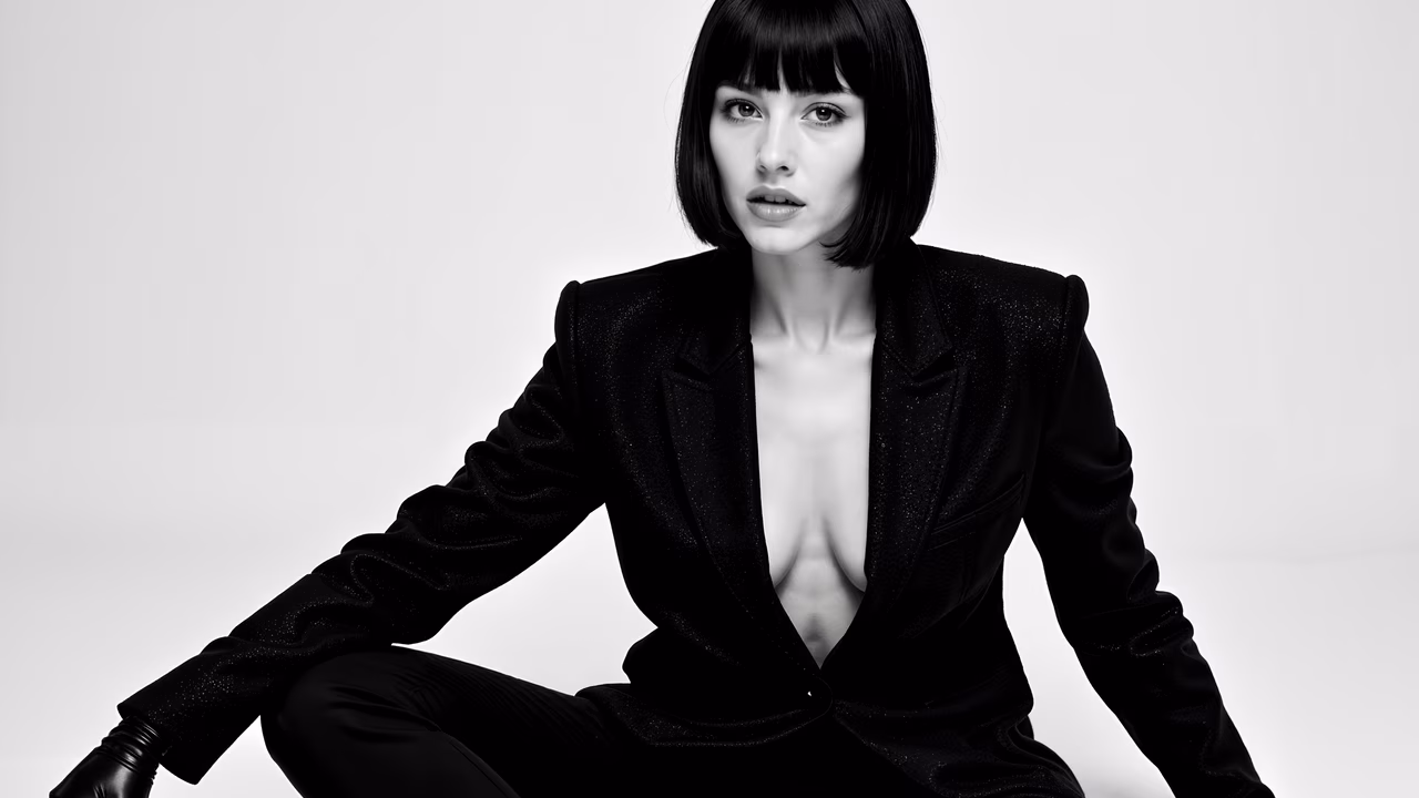 Monochrome fashion portrait of a confident woman in a tailored suit.