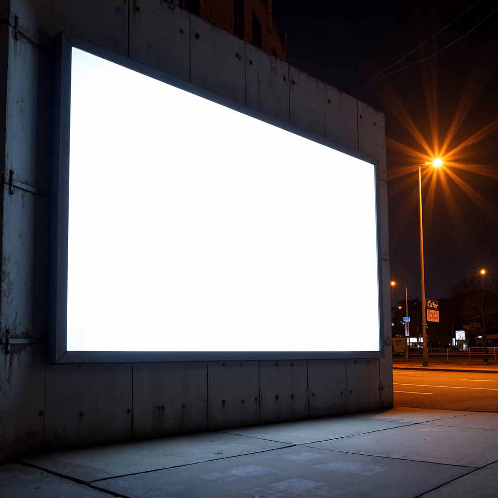 Blank billboard glowing under streetlights in a dark urban setting.