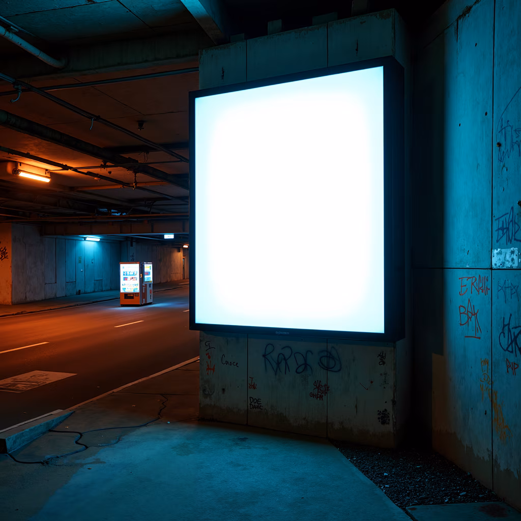 Blank billboard glowing in a desolate urban underpass, contrasting cool and warm tones.