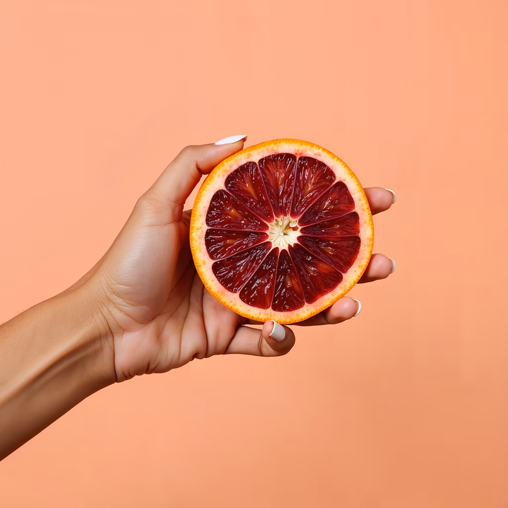 Close-up of a hand holding a blood orange slice against a peach background.