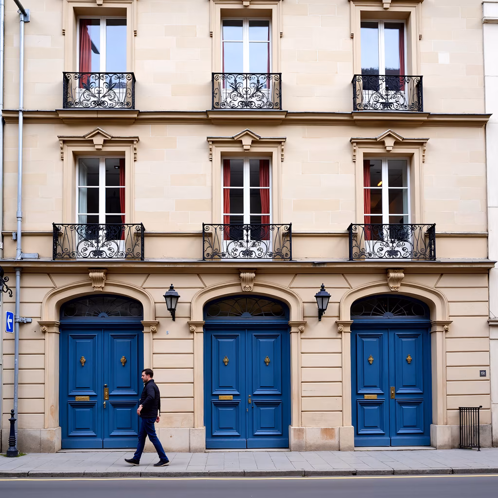 Parisian architecture with blue doors and red curtains.