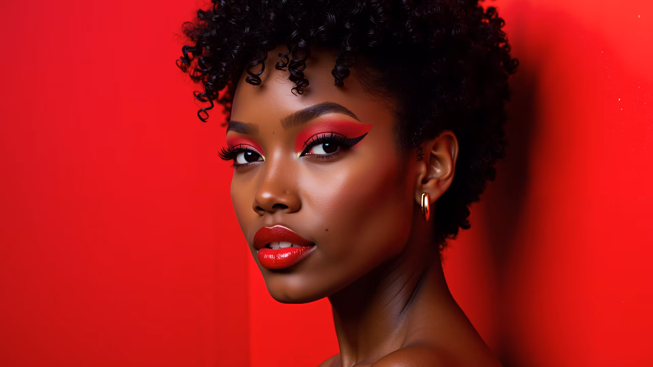 Vibrant red makeup and bold eyeliner on a striking portrait against a solid red background.