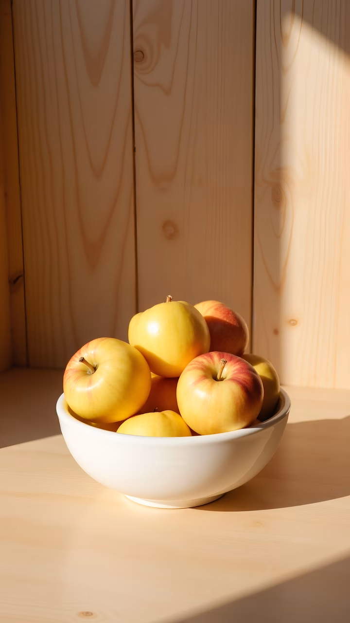 A bowl of apples bathed in natural light, showcasing a minimalist food photography scene.