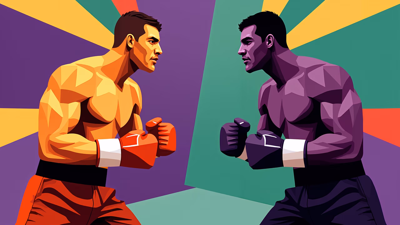 Two boxers in a colorful, geometrically-patterned boxing match.