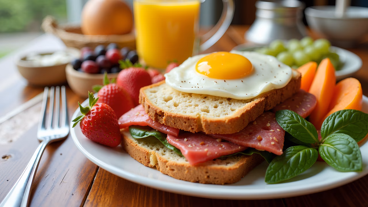 A delicious breakfast sandwich with ham, spinach, and a fried egg, served with fresh fruit and orange juice.