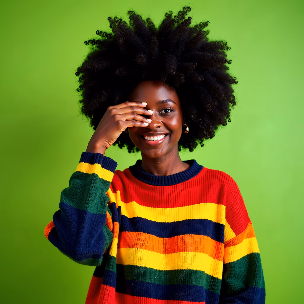 Vibrant portrait of a person in a colorful sweater against a neon green background.
