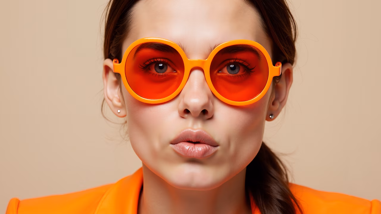 Bold orange sunglasses and matching outfit against a neutral background.