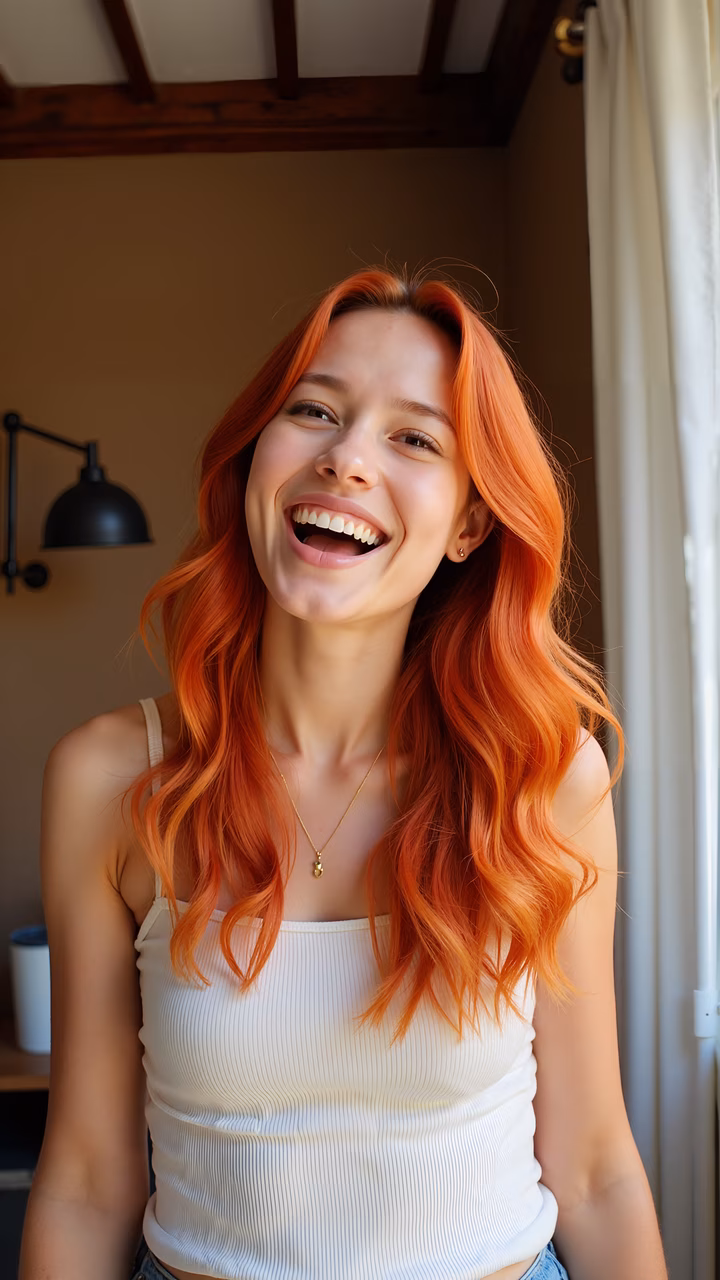 Bright smile in a cozy indoor setting.
