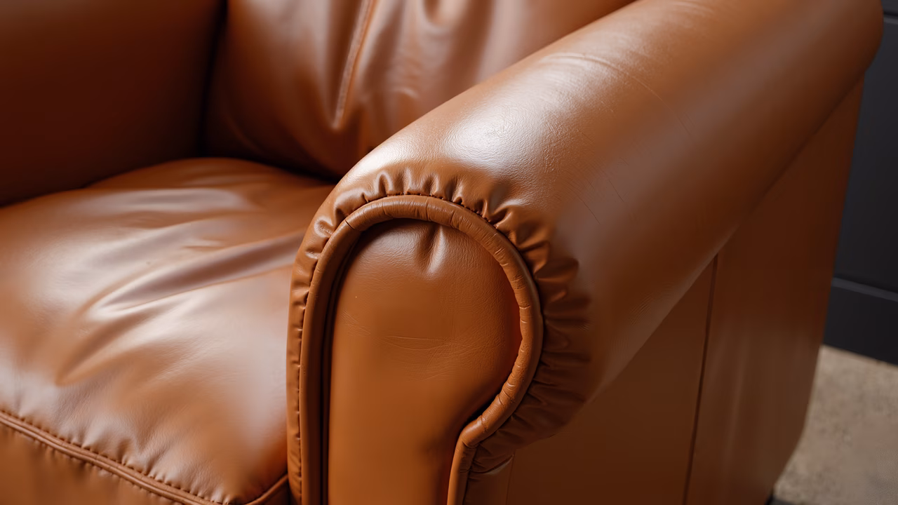 Close-up of a luxurious brown leather armchair, showcasing its texture and design.