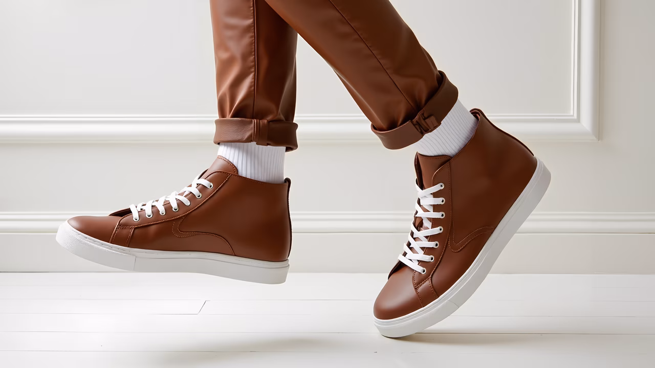Stylish brown leather high-top sneakers against a minimalist backdrop.