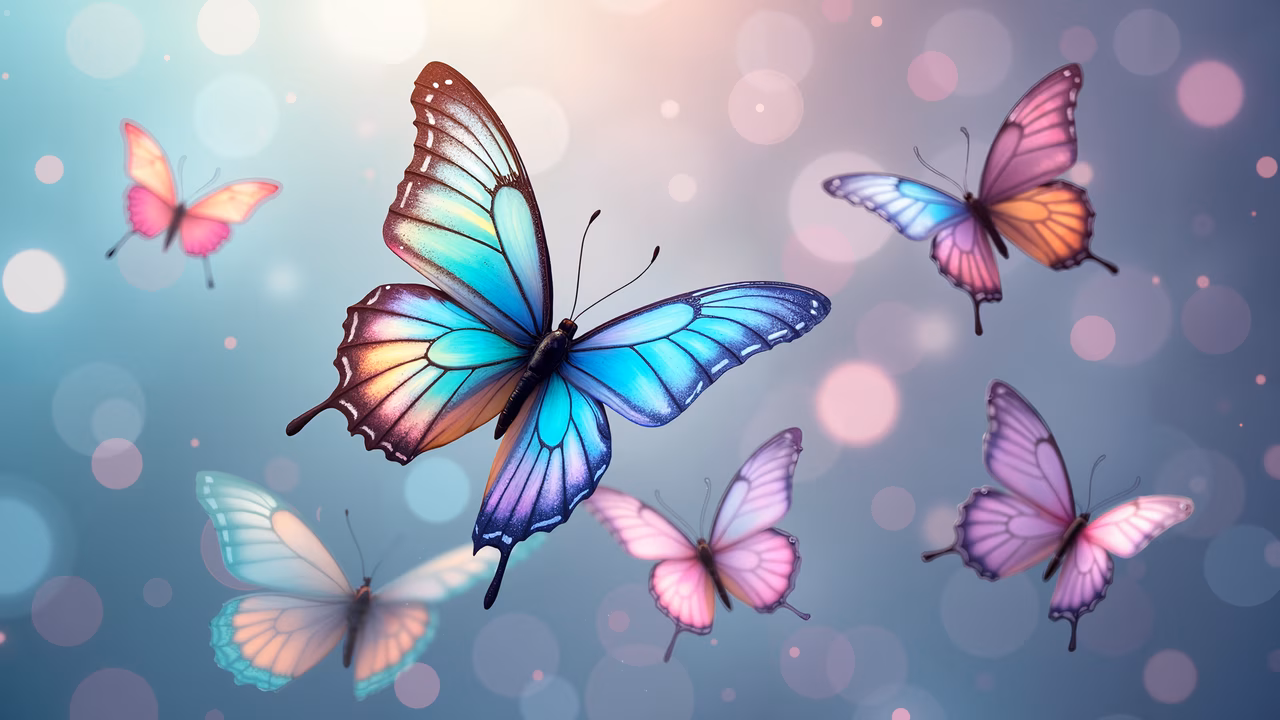 A serene illustration of butterflies in flight, featuring iridescent wings and a bokeh-lit background.
