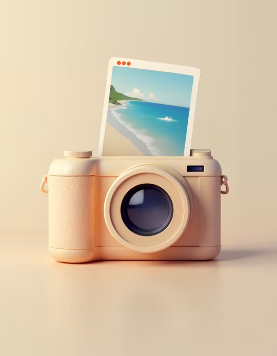 Camera with Polaroid Beach Scene
