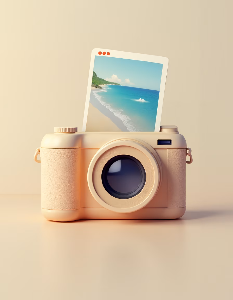 Pastel camera with Polaroid beach scene, minimalistic design, nostalgic vibes.