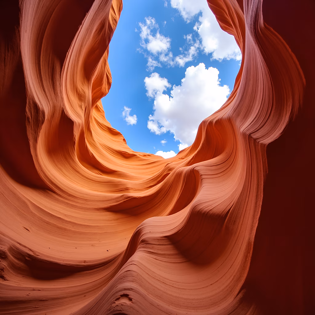 Dramatic canyon curves against a vibrant blue sky with fluffy clouds.