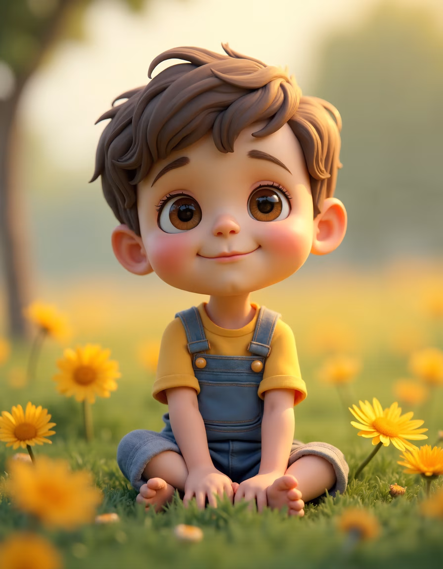 A joyful cartoon boy surrounded by yellow flowers, evoking a sense of childhood innocence and happiness.