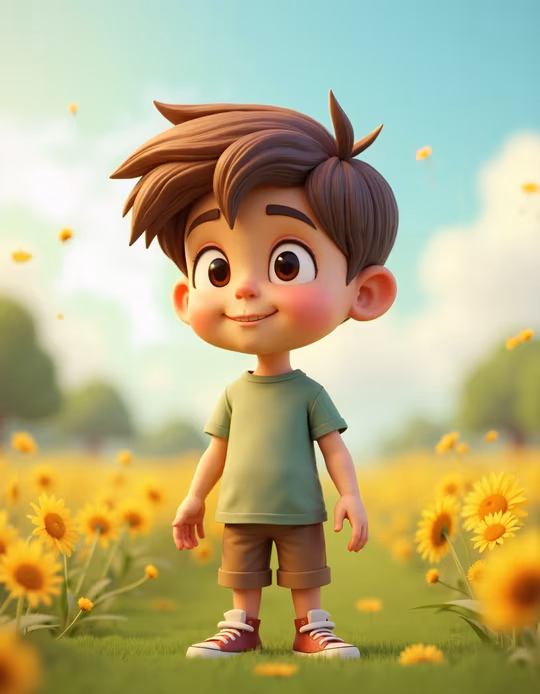 Cartoon Boy in Sunflower Field