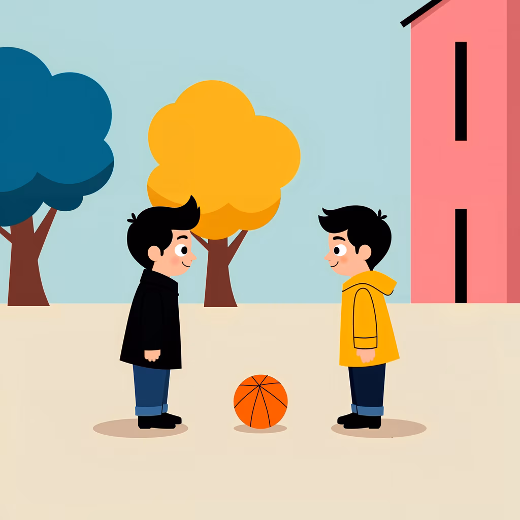 Two boys playfully interact with a basketball in a colorful outdoor setting.