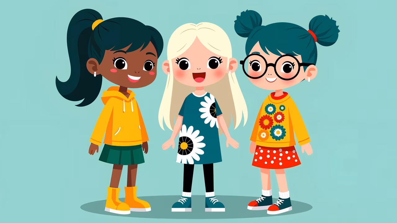Brightly colored cartoon girls standing together in a cheerful scene.