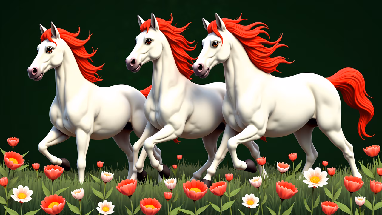 Cartoon horses running through a flower-filled meadow