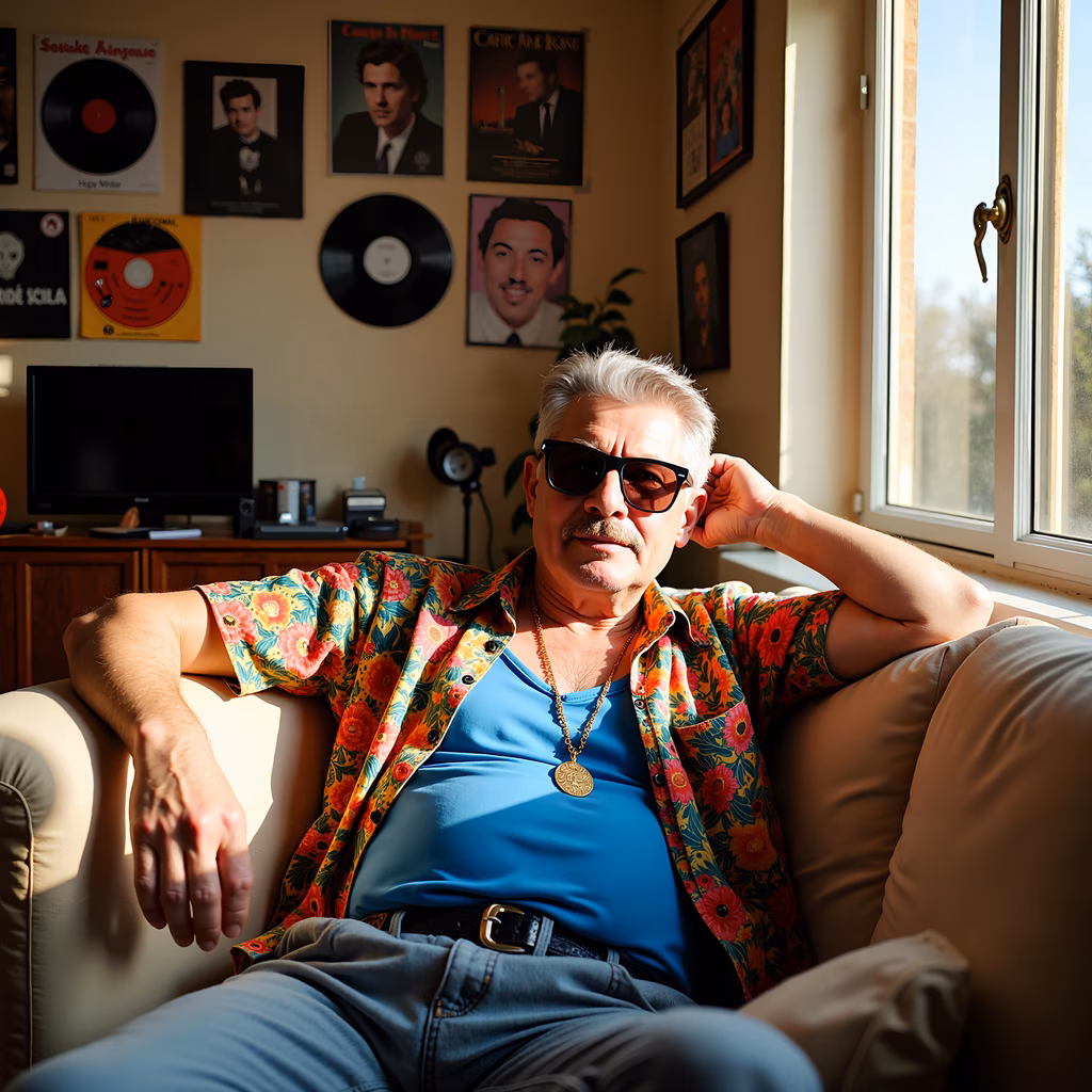 Relaxed man lounging on sofa, wearing colorful shirt, natural light, vinyl records, posters.