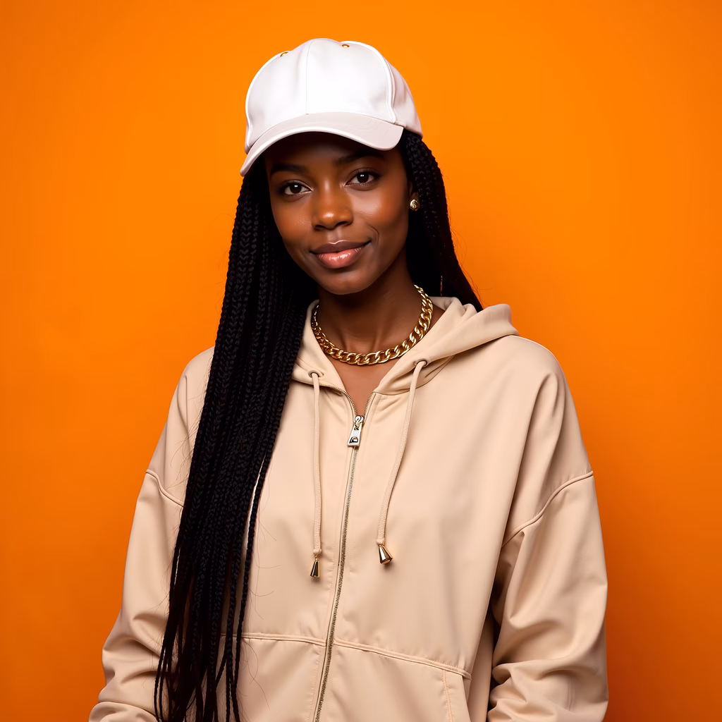 Confident fashion portrait with vibrant orange background and neutral attire.