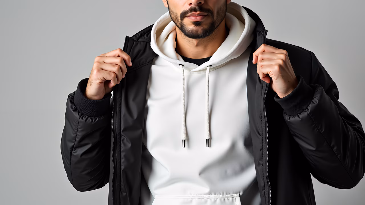 Minimalist fashion with contrasting black and white layers.