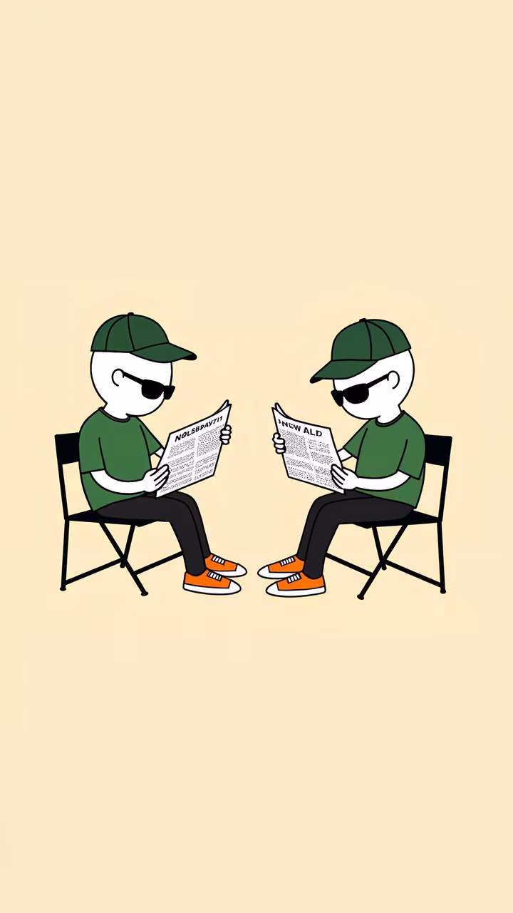 Casual readers engrossed in newspapers, minimalist cartoon art.