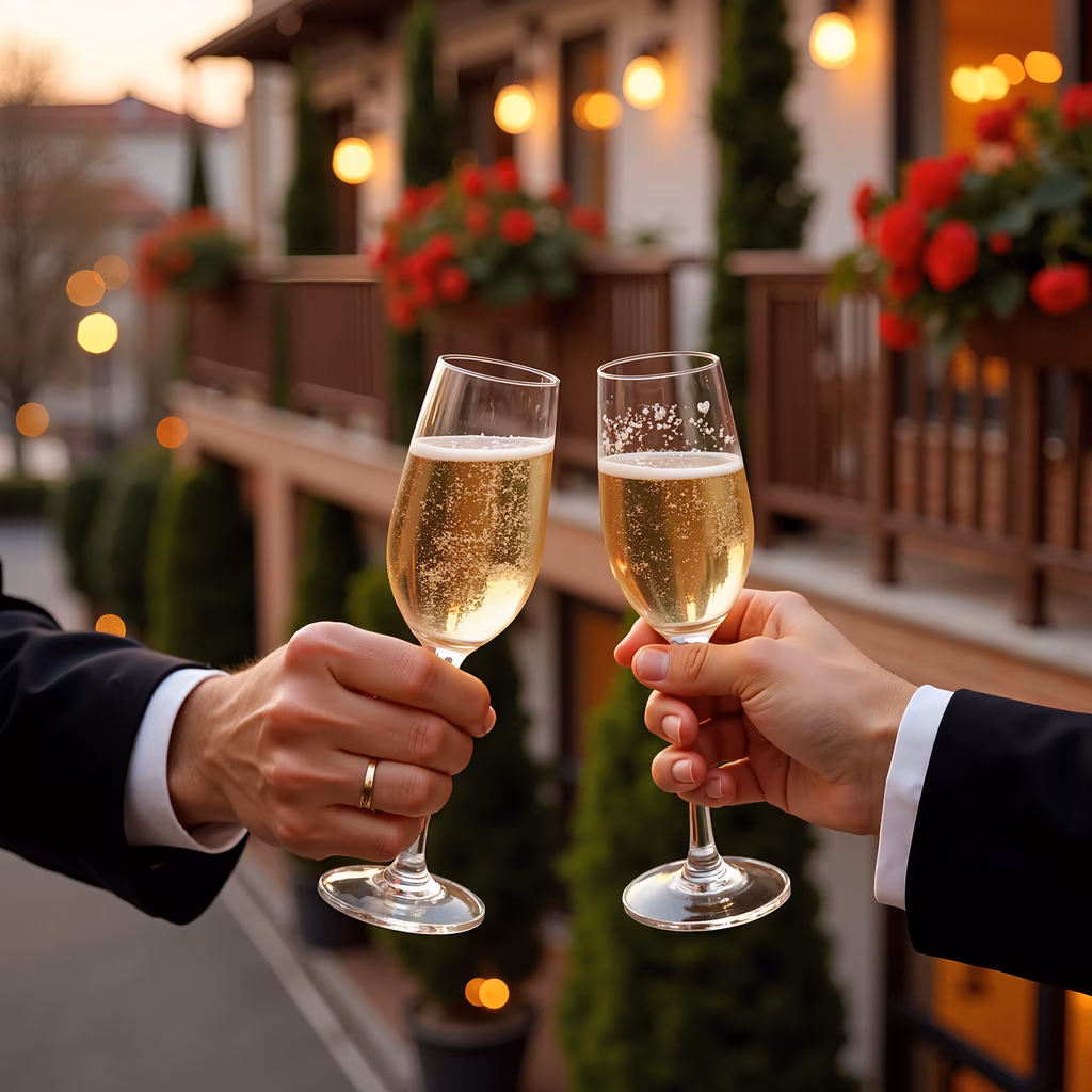 A celebratory moment captured with champagne flutes clinking on a balcony.