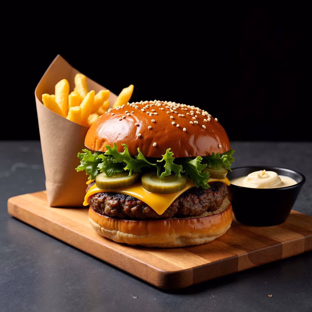 A delicious cheeseburger with fries and sauce on a wooden board.