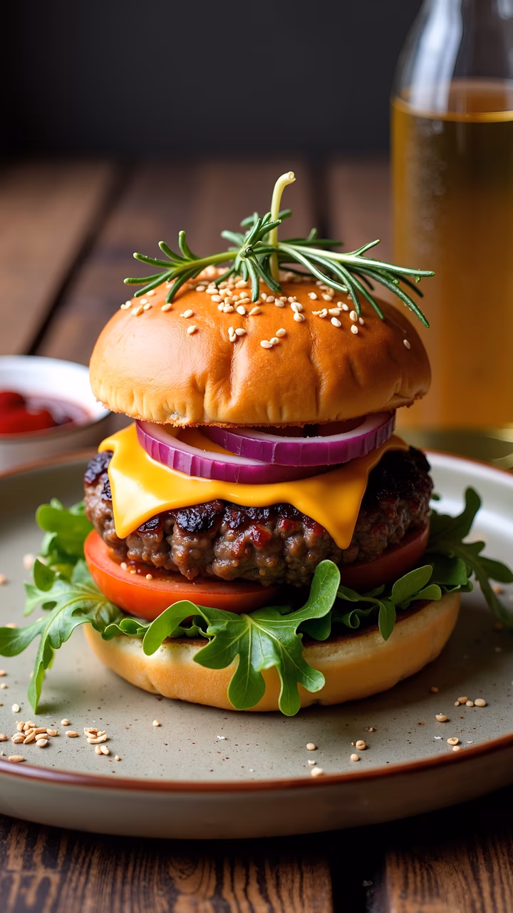 A delicious cheeseburger with fresh toppings and a sprig of rosemary, perfect for food enthusiasts.
