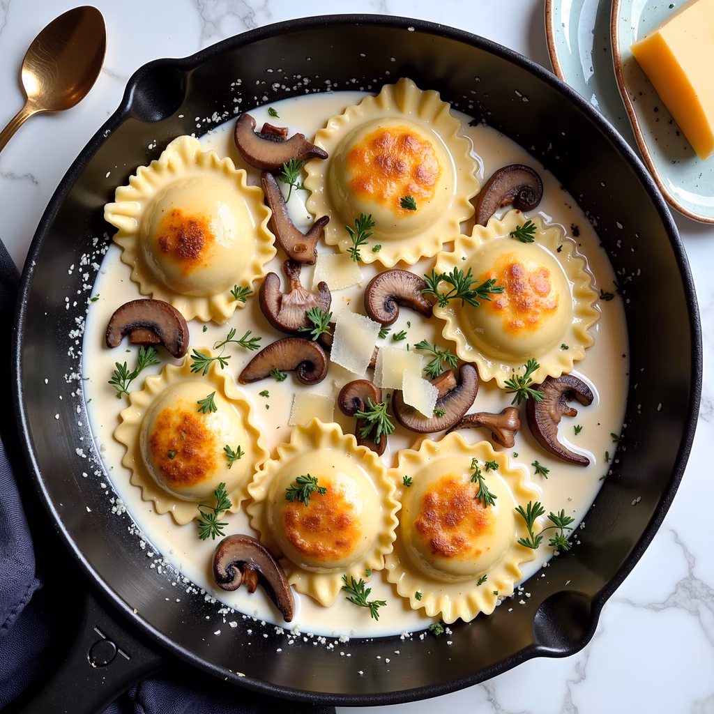 Creamy ravioli with mushrooms and herbs in a rich sauce.