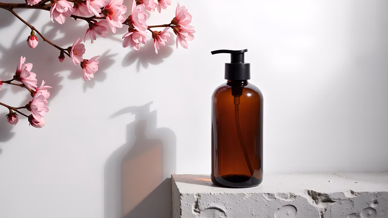 Minimalist soap dispenser with cherry blossoms, clean aesthetic.