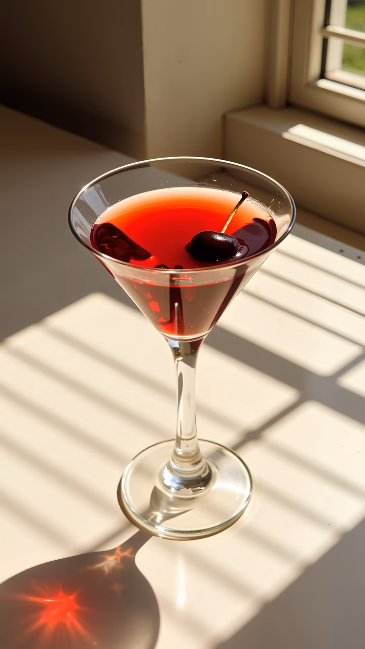 Elegant cherry cocktail illuminated by natural sunlight, perfect for a sophisticated setting.