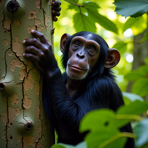 Chimpanzee Peeking Behind a Tree