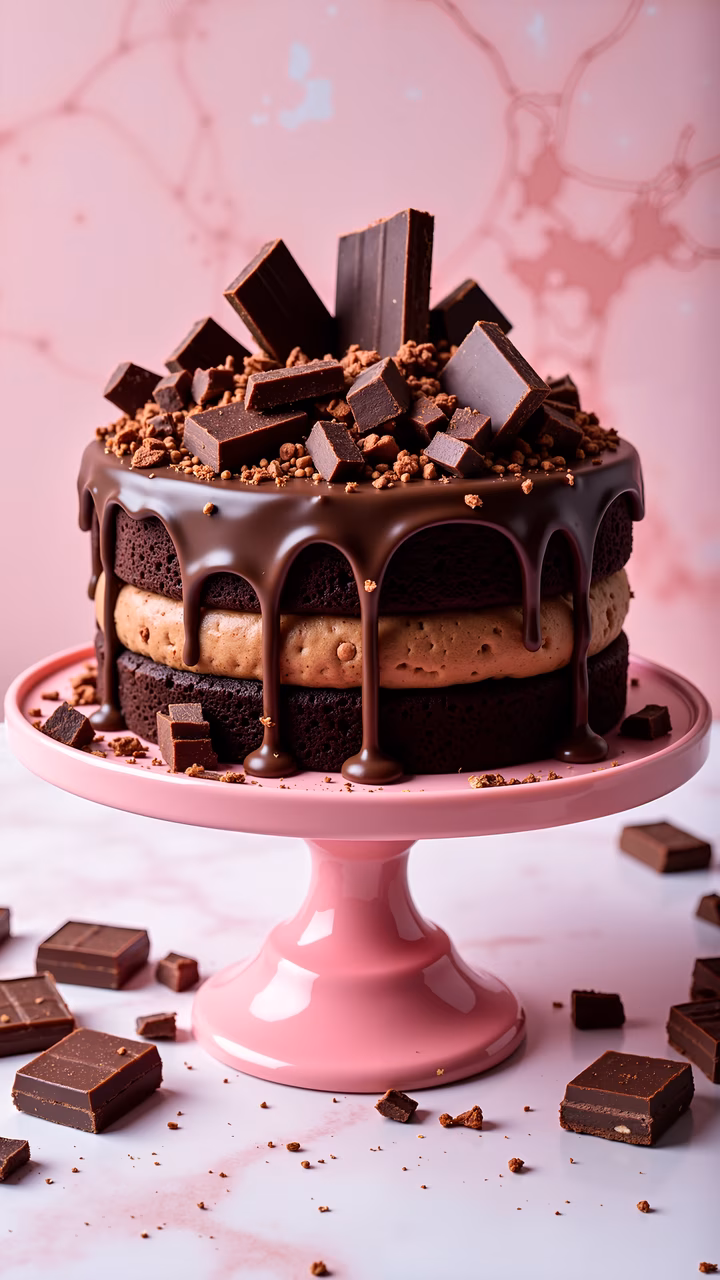 A decadent chocolate cake with chocolate drizzle and cocoa nibs, perfect for dessert lovers.