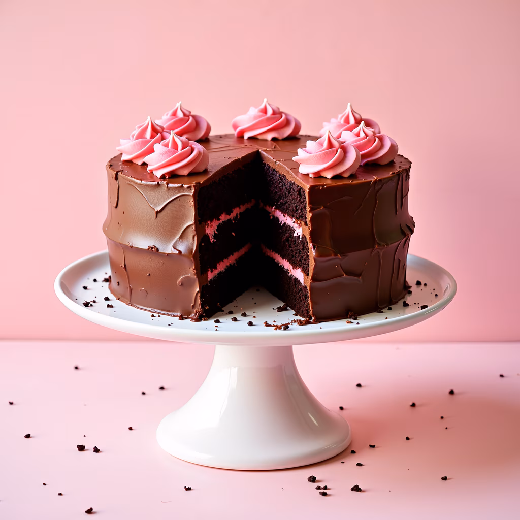 Glamorous chocolate cake with pink frosting and whipped cream dollops, perfect for celebrations!