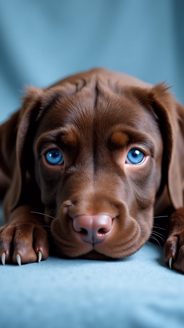 Close-up of a chocolate labrador puppy with striking blue eyes, lying on its stomach.
