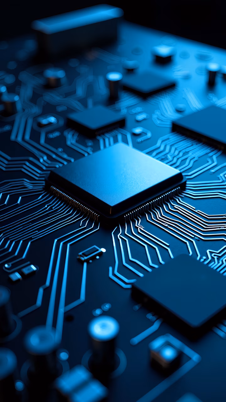 Close-up of a circuit board with intricate electronic components in cool blue tones.