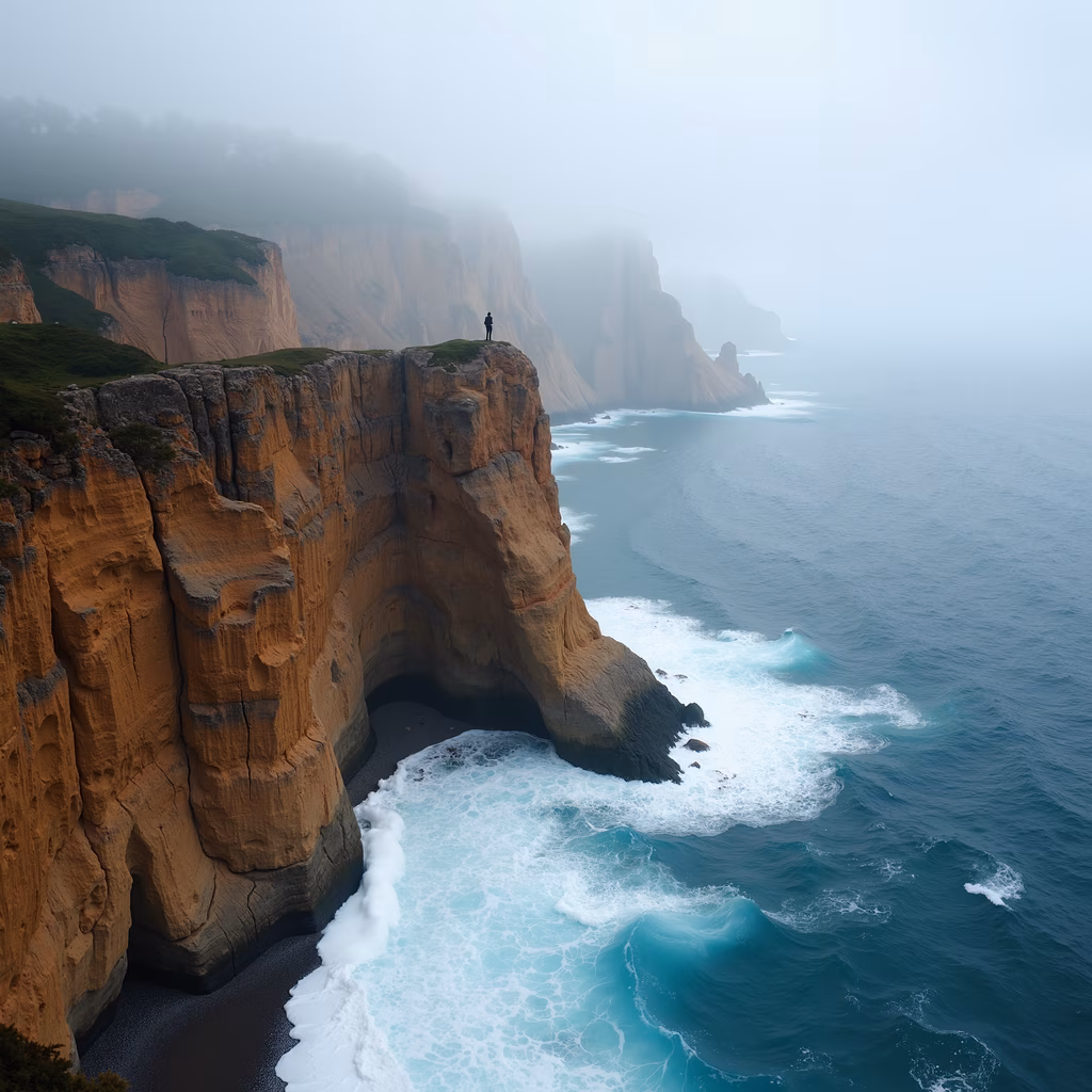 Solitary figure amidst dramatic coastal cliffs and misty ocean.