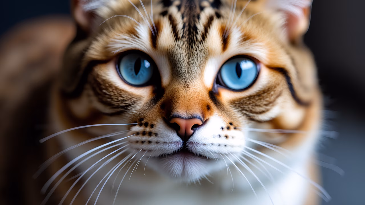 Close-up portrait of a cat with striking blue eyes and detailed fur patterns.
