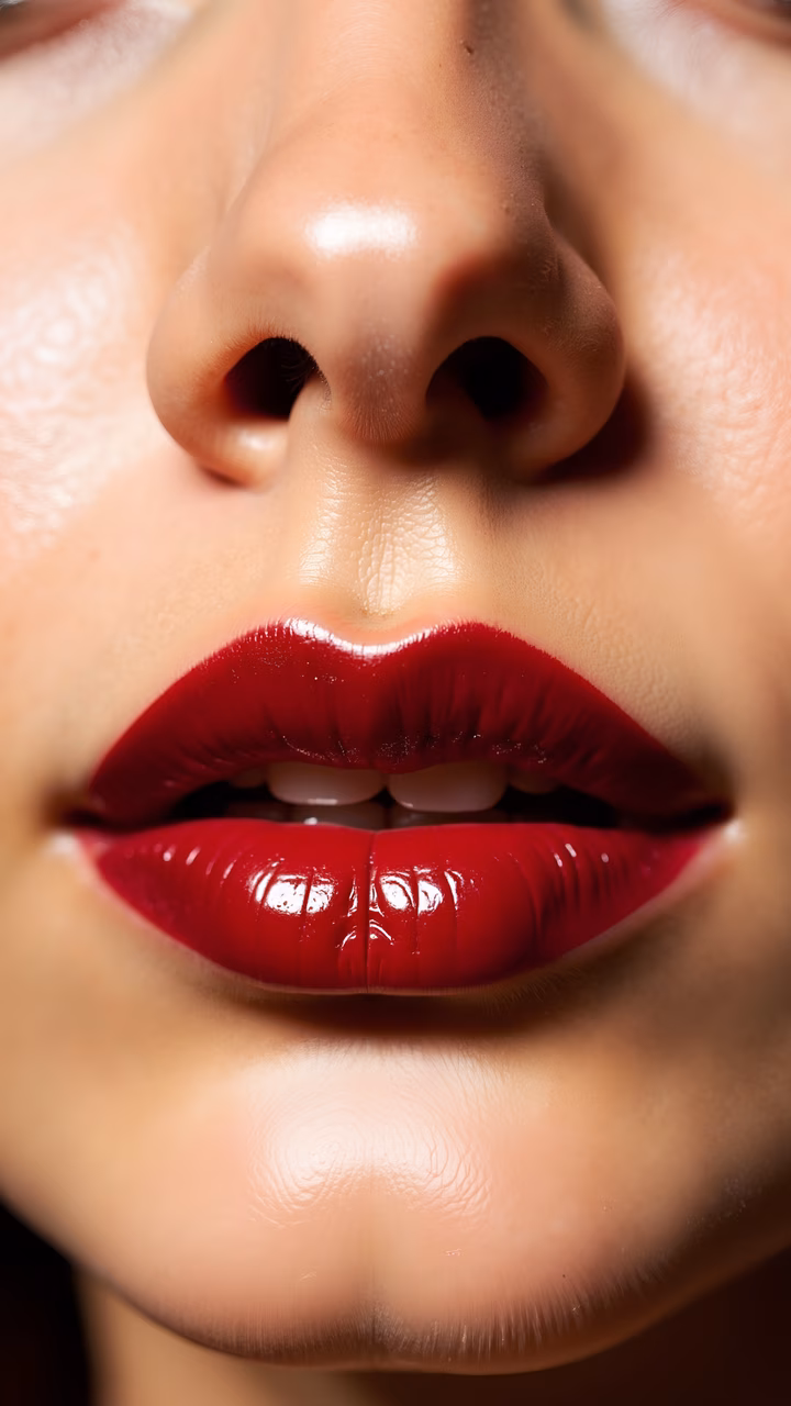 Close-up of glossy red lips with soft directional lighting.