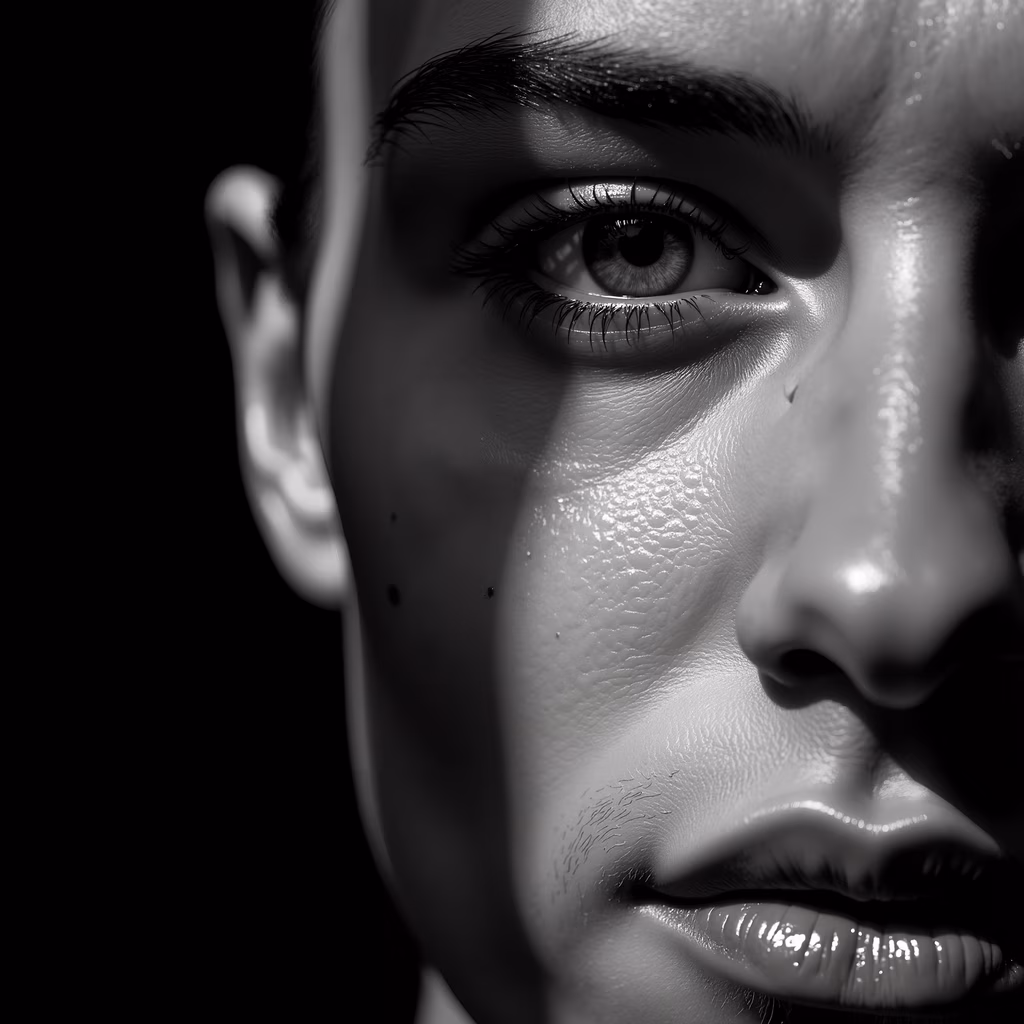 High-contrast black-and-white close-up portrait of facial features, emphasizing texture and detail.