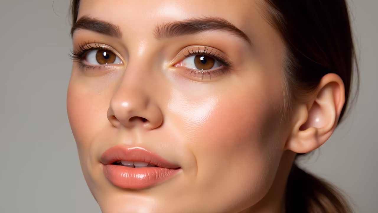 Close-up portrait of expressive eyes and smooth skin, softly lit.