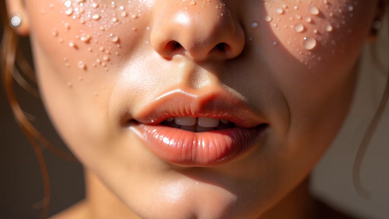 Close-up portrait of a person's face with water droplets, soft natural lighting, and smooth skin texture.
