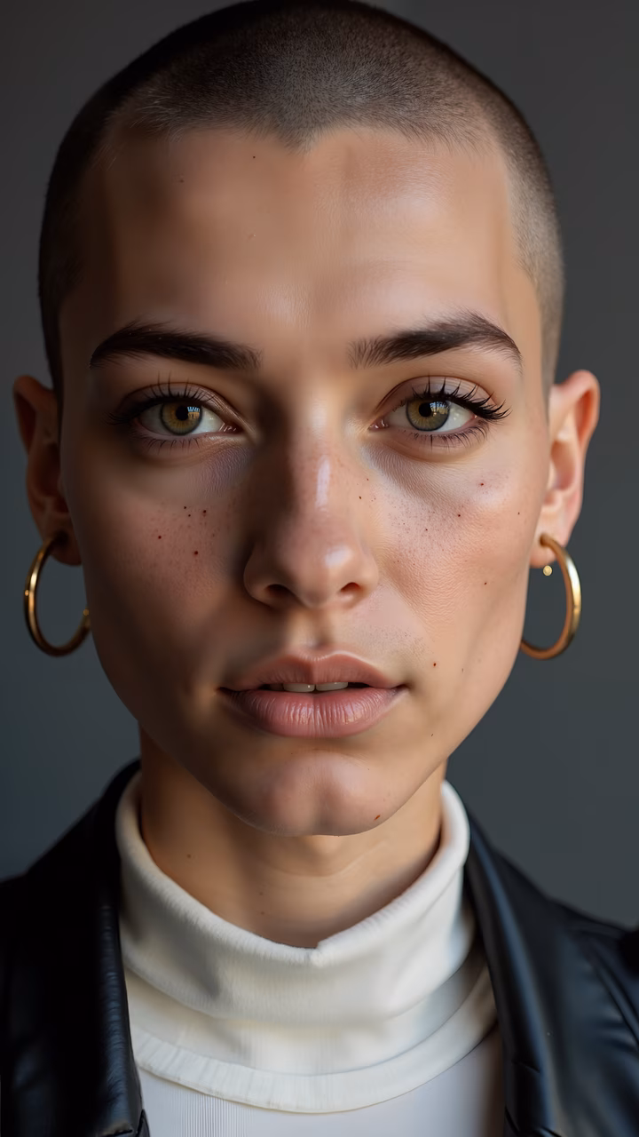 Close-up portrait of a person with freckles and gold hoop earrings, wearing a black leather jacket and a white turtleneck sweater.