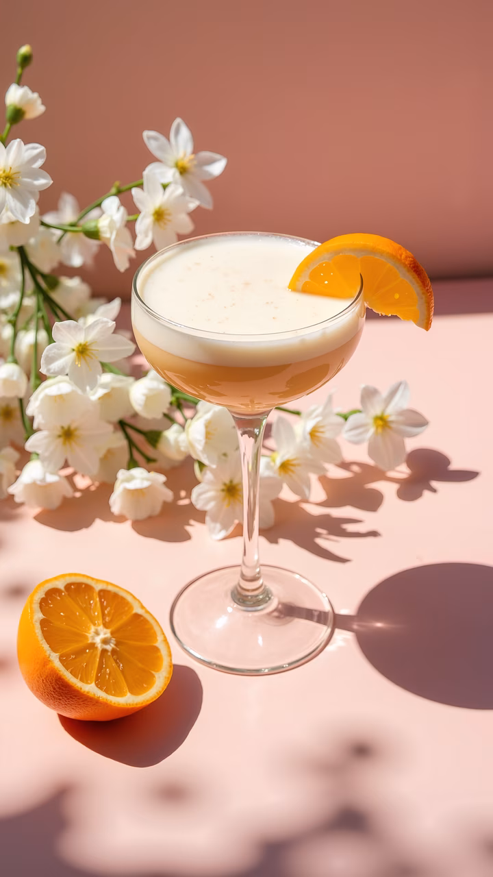 Elegant cocktail with creamy top and orange garnish on a pink background.