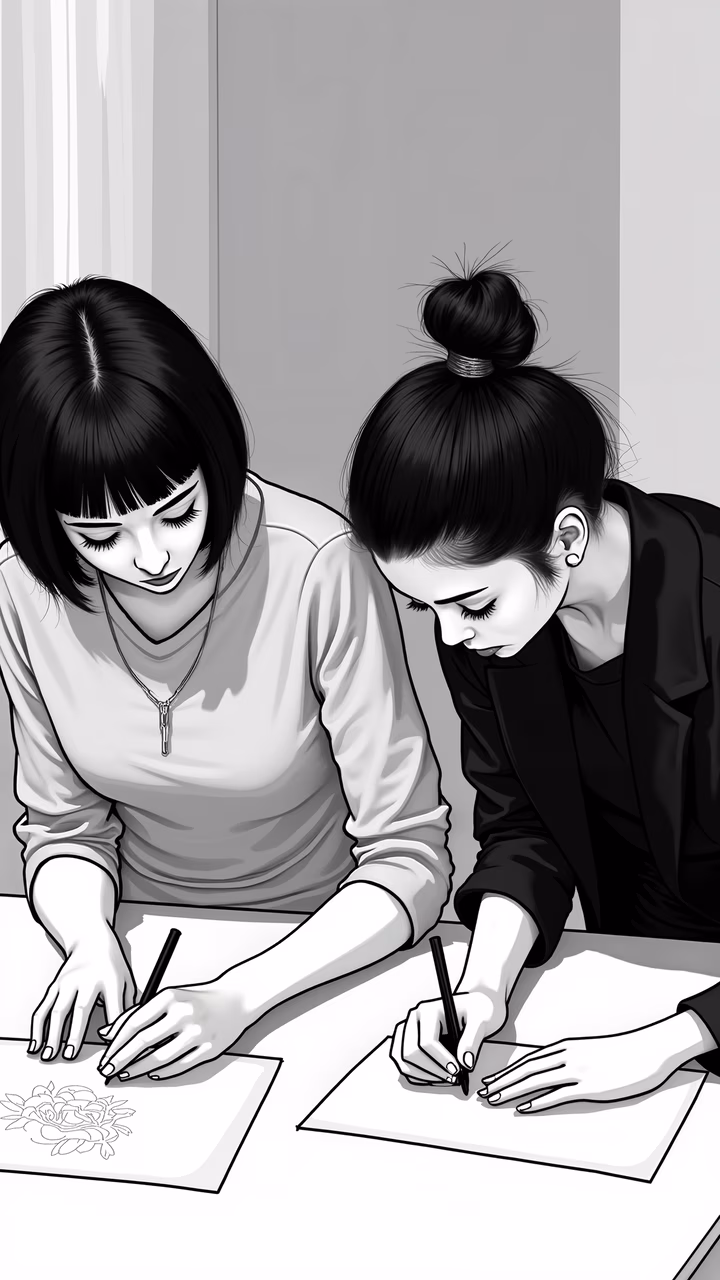 Two artists collaborating in a focused sketching session.