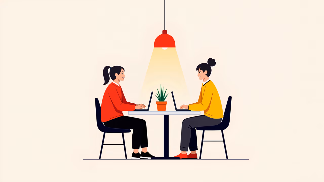 Two people working collaboratively in a bright, modern workspace.